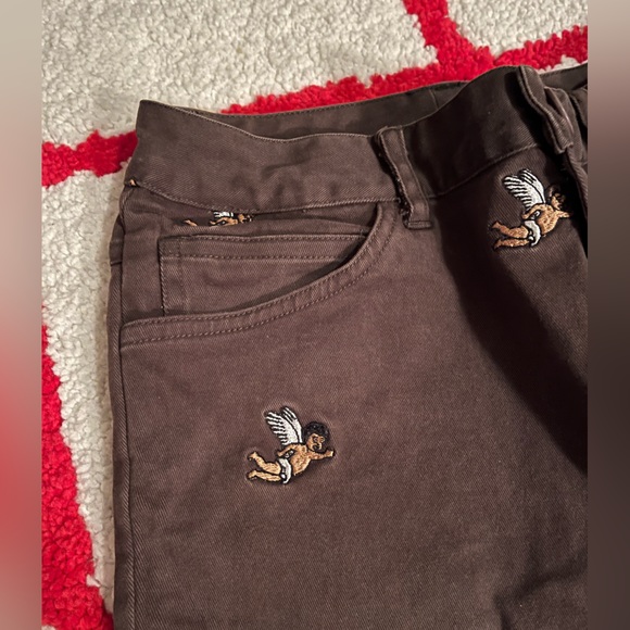 HOT LAVA Khaki Olive Green/Brown Work Wear Pants w/ Embroidered Cherubs - Picture 9 of 10